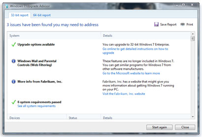 The Windows 7 Upgrade Advisor checks for compatibility issues.