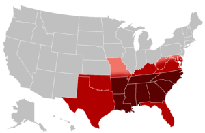 map of United States with southeastern states highlighted in shades of red