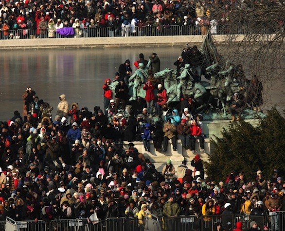 Crowds swarm the National Mall waiting for the presidential inauguration on Jan. 20, 2009.