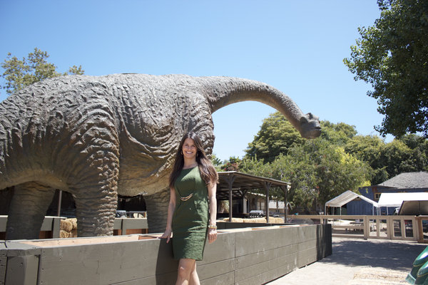 Zoomars Petting Zoo owner Carolyn Franks stands in front of the dinosaur replica she had installed on her property in June. Photo by Brian Park
