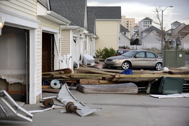 Debris and damage is seen among homes in Atlantic City.