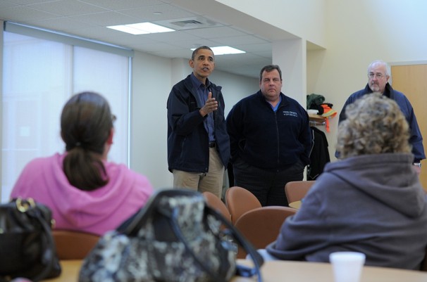 Obama, alongside Christie, speaks at a shelter in Brigantine two days after the state was among those places hit hard by Sandy..