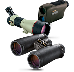 sport optics hero image showing Nikon binoculars, a scope and rangefinder