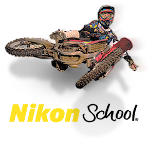 Nikon School logo and photo of a motocross racer