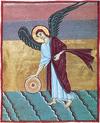 Bamberg Apocalypse: Angel with the Millstone [Credit: Courtesy of the Staatsbibliothek Bamberg, Ger.]