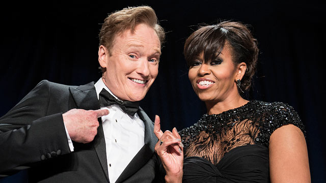 PHOTO: Comedian Conan O'Brien, left, and first lady Michelle Obama joke during the White House Correspondents' Association Dinner, April 27, 2013 in Washington, DC.