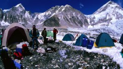 PHOTO: A group of trekkers setting up camp at Everest Base Camp.