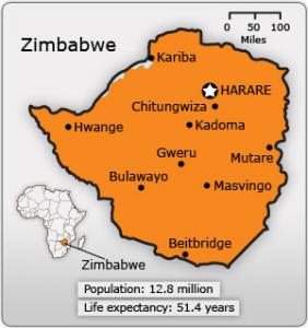 Map of Zimbabwe showing population and life expectancy
