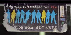 A poster on a bus in Cuba. Text reads '8 out of 10 people living with HIV in Cuba are men'.