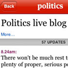Screenshot of politics live blog from new Guardian iPhone app