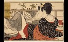 Kitagawa Utamaro (d. 1806), Lovers in the upstairs room of a teahouse, from Utamakura (Poem of the Pillow), c. 1788. Sheet from a colour-woodblock printed album.