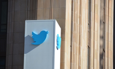 The Twitter bird logo on the sign at Twitter HQ on Market St in San Francisco.