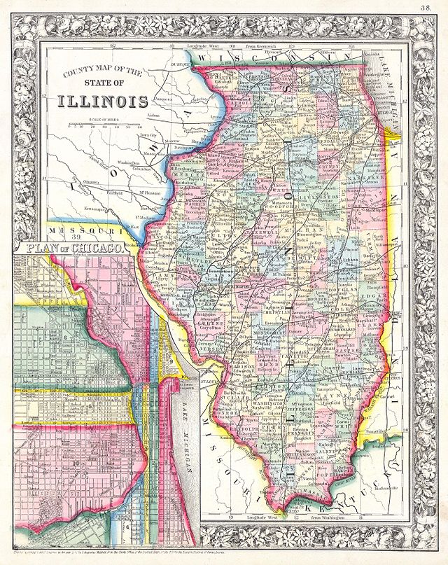 1861 Map of Illinois with Chicago Inset