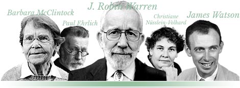 Collage: Barbara McClintock, Paul Ehrlich, J. Robin Warren, Christiane Nüsslein-Volhard and James Watson