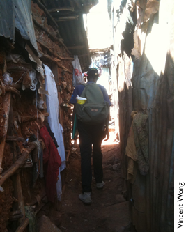 Home-based HTC counselors must work in difficult and sometimes challenging terrain such as in Kibera, the largest slum in Nairobi.