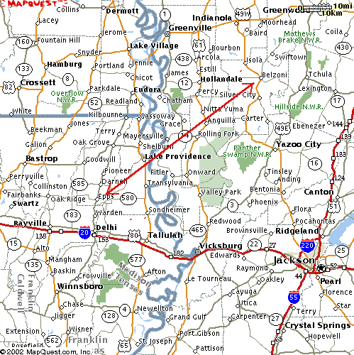 Red arrow shows the extent of the Poverty Point culture in the Delta. Click map to visit Mapquest.com.