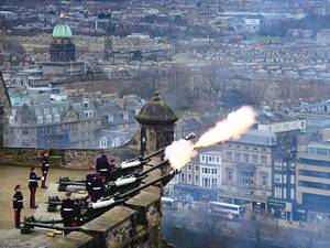 7 February 2014: Gunners from 105th Regiment Royal Artillery fire a 21-Gun Royal Salute at Edinburgh Castle in Edinburgh