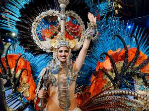28 February 2014: Amanda Perdomo celebrates after being elected Queen of the Santa Cruz carnival in Santa Cruz de Tenerife on the Canary island of Tenerife
