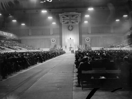 July 1939: British politician Oswald Mosley addressing a crowd of 'Blackshirts' at a rally at Earls Court exhibition centre in London