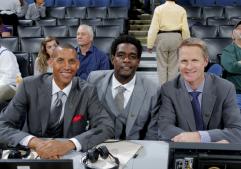 OAKLAND, CA - APRIL 11: TNT broadcasters Reggie Miller, Chris Webber and Steve Kerr during the game between the Oklahoma City Thunder and Golden State Warriors on April 11, 2013 at Oracle Arena in Oakland, California. NOTE TO USER: User expressly acknowledges and agrees that, by downloading and or using this photograph, user is consenting to the terms and conditions of Getty Images License Agreement. Mandatory Copyright Notice: Copyright 2013 NBAE (Photo by Rocky Widner/NBAE via Getty Images) 
