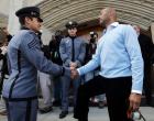 
	New York Yankees pitcher Mariano Rivera, right, shakes hands with cadet Mario Cortizo, of Panama, during a tour at the United States Military Academy before an exhibition baseball game against Army, Saturday, March 30, 2013, in West Point, N.Y. (AP Photo/Mike Groll)
