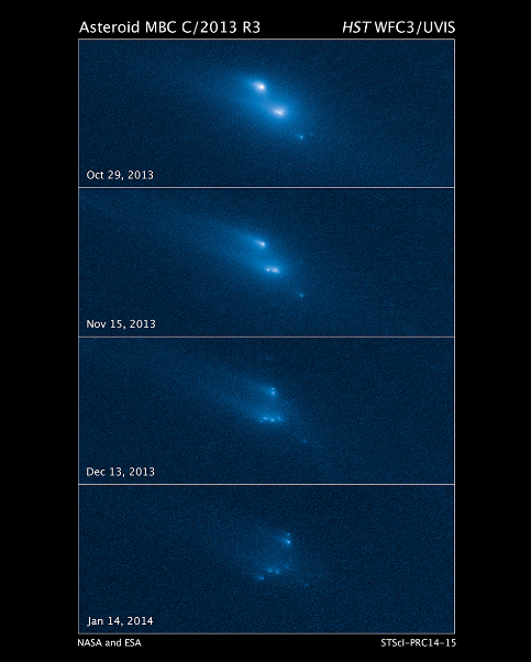 Disintegrating Asteroid P/2013 R3 imaged from the Hubble Space Telescope.