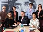 Talking heads: Jessica Hynes (second left) with Hugh Bonneville and the team in 'W1A'
