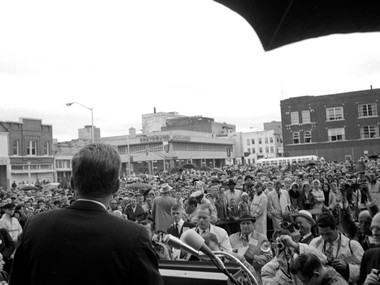 President Kennedy address the crowd in the parking lot in front of the Texas Hotel approx 9 a.m. Nov 22, 1963