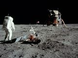 Picture of astronaut Buzz Aldrin with an experiment on the moon during the Apollo 11 mission