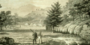 copy of lithograph from a publication showing the valley of the hot springs with Hot Springs Creek on the right and two men in the foregroun