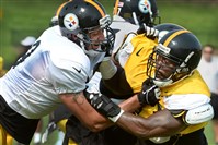  Steelers linebacker Jason Worilds battles tight end Matt Spaeth during workouts Wednesday at Saint Vincent College in Latrobe.