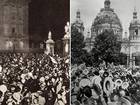 These images show the crowds outside Buckingham Palace and Berlin Cathedral in August 1914 as war was declared