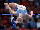Anastasiya Mokhnyuk of Ukraine competes in the high jump event of women's heptathlon during the European Athletics Championships at the Letzigrund Stadium in Zurich