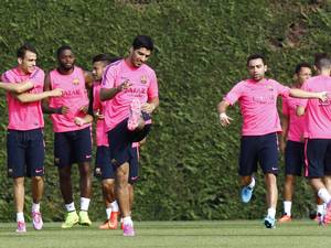 15 August 2014: Barcelona's Uruguayan forward Luis Suarez (3rd L) takes part in a training session at the Sports Center FC Barcelona Joan Gamper in Sant Joan Despi, near Barcelona