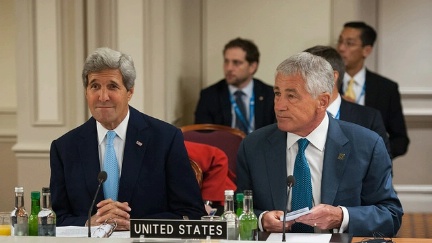 Date: 09/05/2014 Description: Secretary of State John Kerry, joined by U.S. Defense Secretary Chuck Hagel, smiles before a meeting about a unified response to the threat of ISIL, in Newport, Wales, on September 5, 2014. - State Dept Image