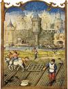 Middle Ages: peasants cultivating fields near walled city [Credit: North Wind Picture Archives]