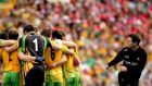 New Donegal manager Rory Gallagher was formerly a selector under Jim McGuinness. Here he departs a team huddle prior to the start of the All-Ireland semi-final in 2012. Photograph: James Crombie/Inpho 