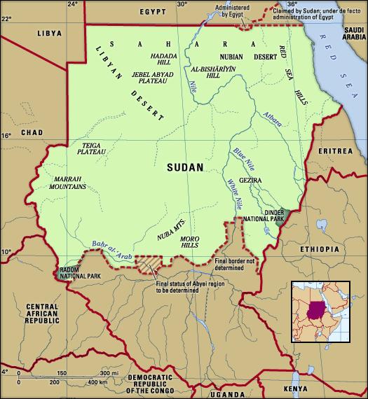 Sudan: physical features map