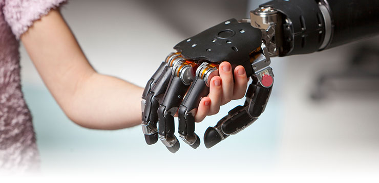 child holding hands with the thought-controlled prosthetic arm