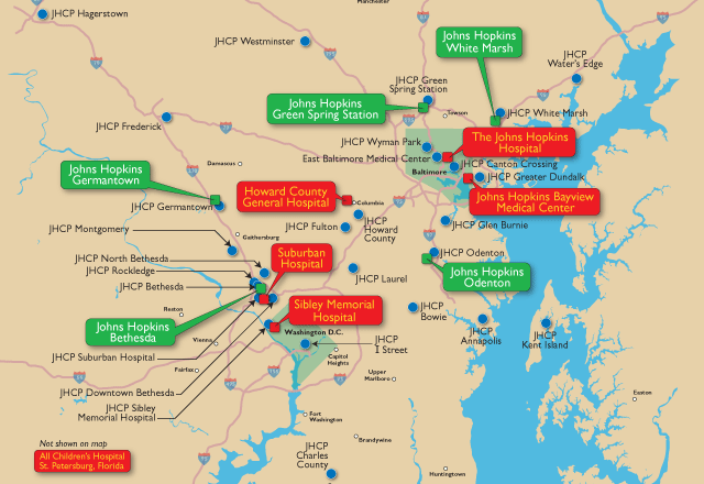 a map of Johns Hopkins locations in Maryland
