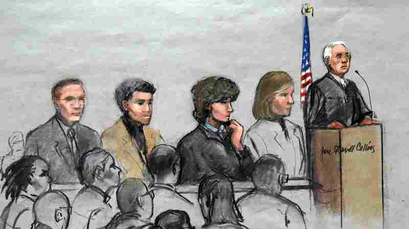 In this courtroom sketch, Boston Marathon bombing suspect Dzhokhar Tsarnaev, third from right, is depicted with his lawyers and U.S. District Judge George O'Toole Jr. (right) as O'Toole addresses a pool of potential jurors in a jury assembly room at the federal courthouse in January. The jury started deliberating phase one of the trial on Tuesday.