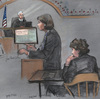 In this courtroom sketch, defense attorney Judy Clarke is depicted addressing the jury as defendant Dzhokhar Tsarnaev sits during closing arguments in his federal death penalty trial on Monday.
