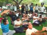 Congress workers do Yoga wearing Mask of Sushma Swaraj and Lalit Modi