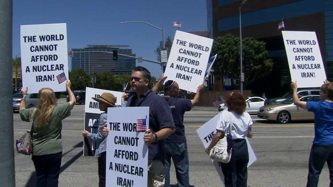 Hundreds of demonstrators gathered outside the Federal Building near Wilshire and Sepulveda boulevards in Westwood Sunday, July 26, 2015 over the recent nuclear deal with Iran.