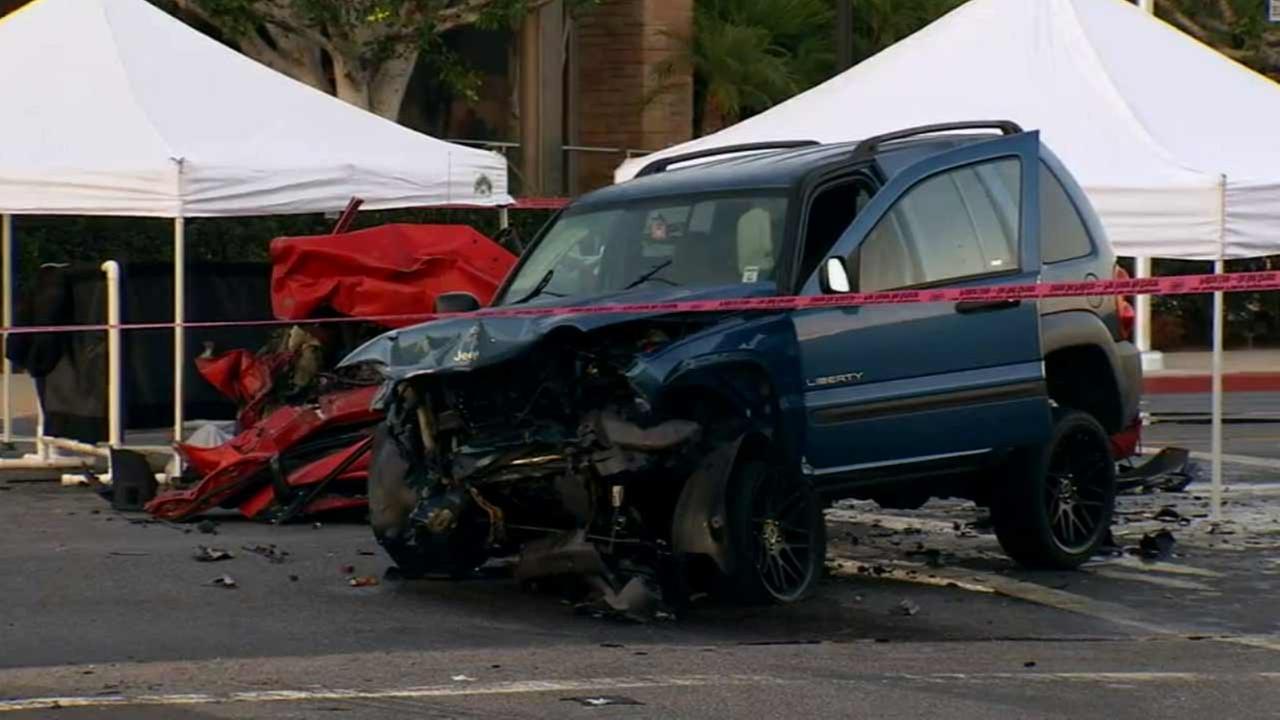 Three people were killed in a head-on collision in the 8300 block of N. Haskell Avenue in the North Hills area of Los Angeles Sunday, Aug. 9, 2015. 