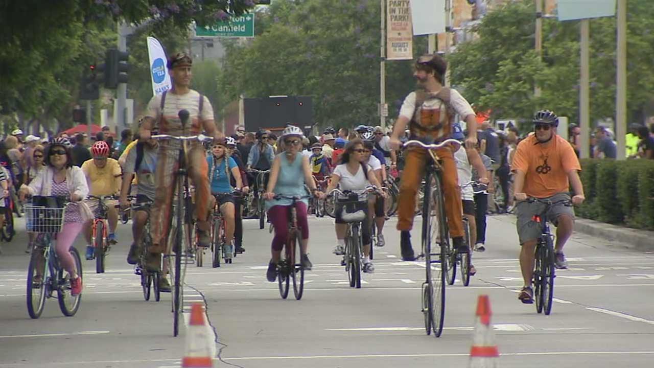 Bicyclists take part in CicLAvia in the Westside on Sunday, Aug. 9, 2015. 