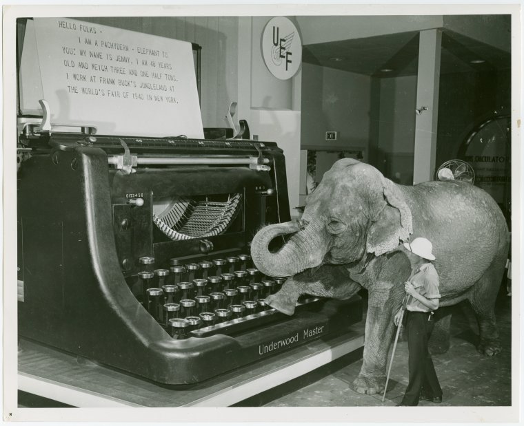 Jenny the elephant types a message on a giant typewriter during the 1940 World’s Fair in New York City. (The typewriter was patented today in 1868.)Source image from The New York Public Library.  