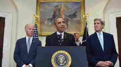 President Obama, flanked by Vice President Joe Biden and Secretary of State John Kerry, announces the rejection of the Keystone XL pipeline in the Roosevelt Room of the White House on Friday.