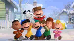Charlie Brown, Snoopy and the Peanuts gang (Franklin, Lucy, Linus, Peppermint Patty and Sally) enjoying a snow day in The Peanuts Movie.