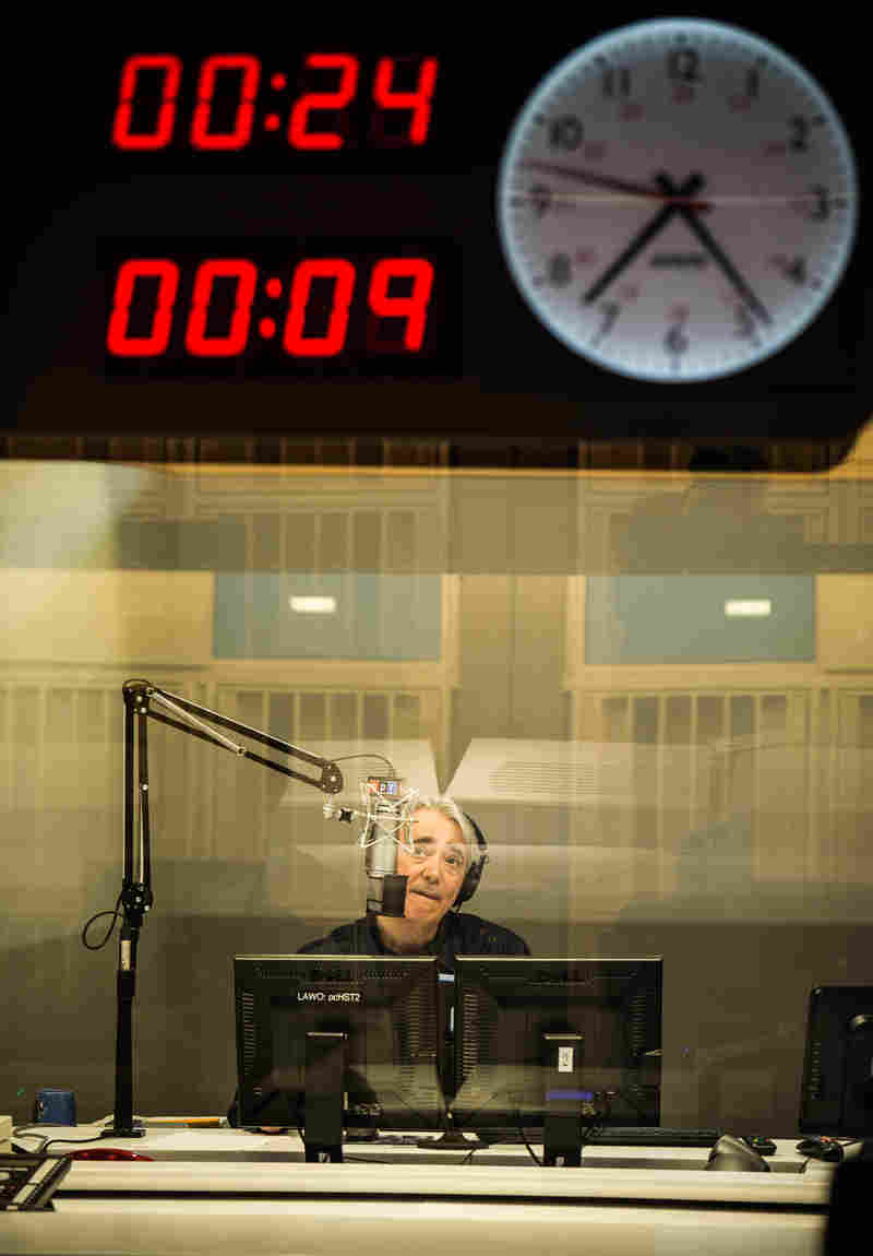 Scott Simon, host of Weekend Edition Saturday, in the studio during the first broadcast from the new NPR Headquarters in Washington, DC on April 13, 2013.
